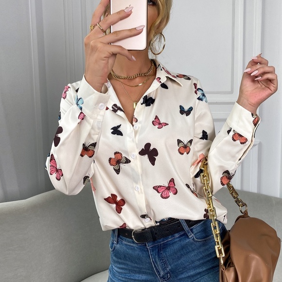 021 Boho Butterfly Print Button down Top Work Office - Picture 5 of 8